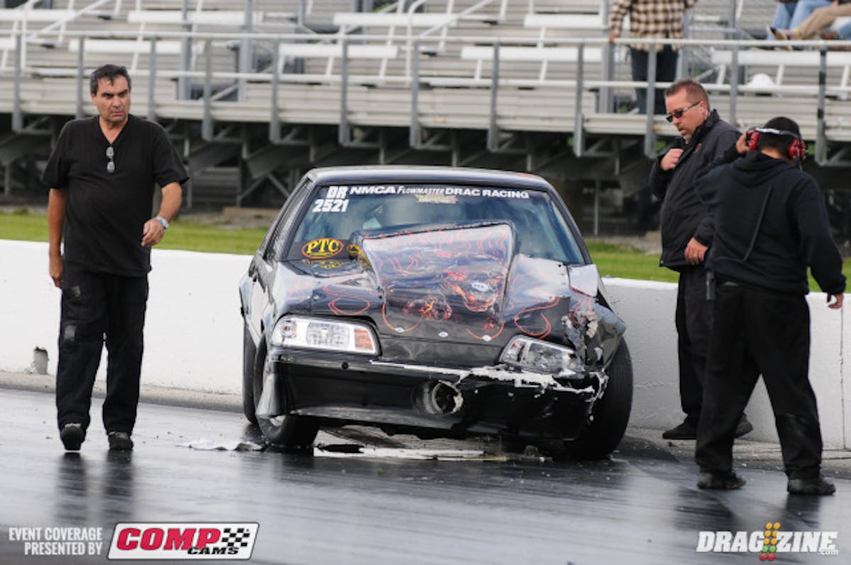 In the second session of Radial Wars qualifying, Enzo Pecchini billed the hides at the hit and became a passenger as the car took an abrupt turn, tagging the wall nose-first. The damage appears to be largely cosmetic, but it may put an end to Pecchini's weekend.
