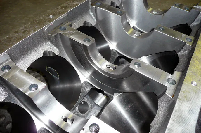 A view of the underside of our block. Here you can see that the traditional LS communication windows have been removed which adds a considerable amount of strength to the block.