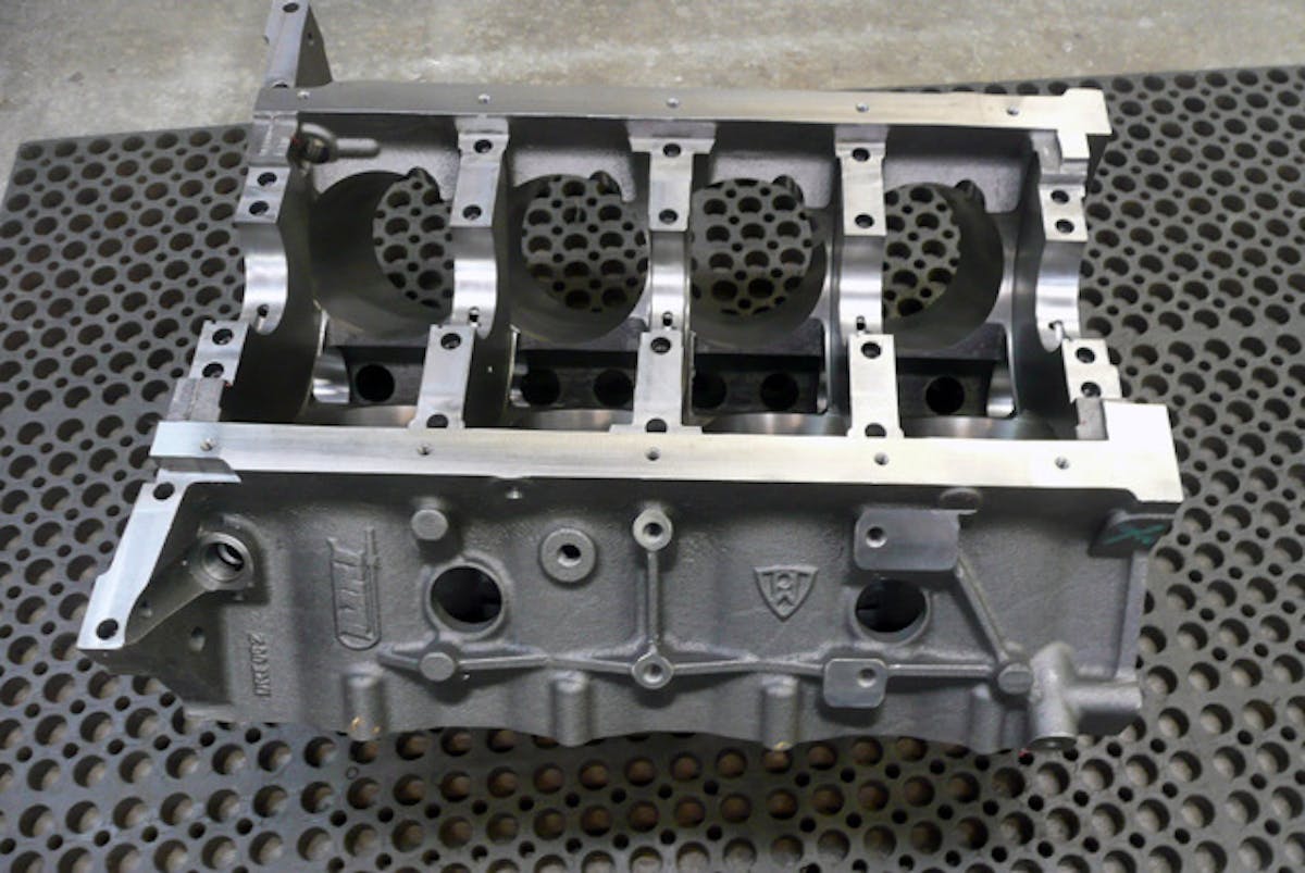 Our block, bottom side up. Here you can see the removed skirt and widened pan rails. Dart designed the block with Iron Eagle pan rail dimensions for further windage reduction.