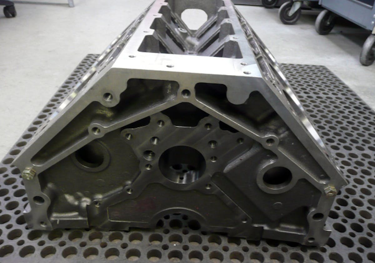 The rear of our LS Next block. Note the lifter galley plugs, removed skirt and reinforced mains.