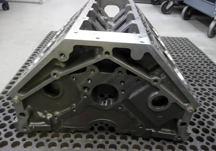 The rear of our LS Next block. Note the lifter galley plugs, removed skirt and reinforced mains.