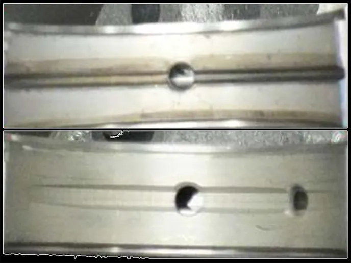 The LSX Next (top) uses a traditional Gen I style bearing that lubricates for half of the crank rotation which is more than the typical LS bearing (bottom).