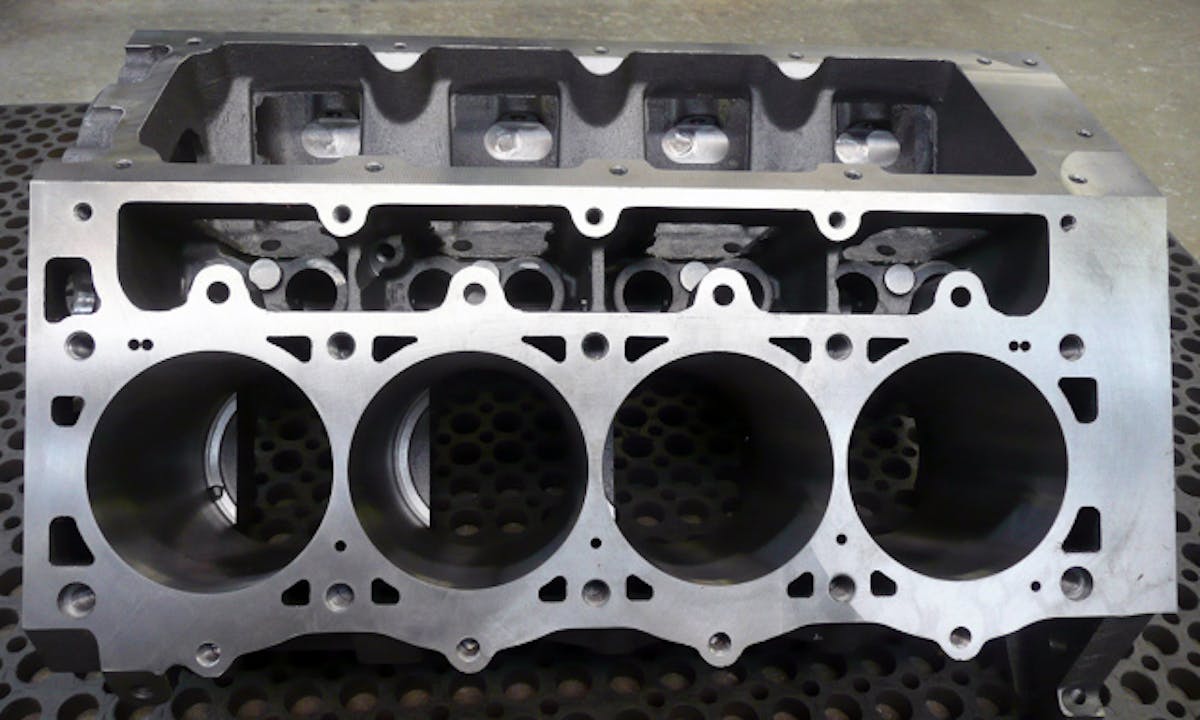 The deck on the LS Next has a lot more material than a stock LSX block. Dart's Dick Maskin told us the material strengthens the block and cylinders while having no adverse impact on cooling.