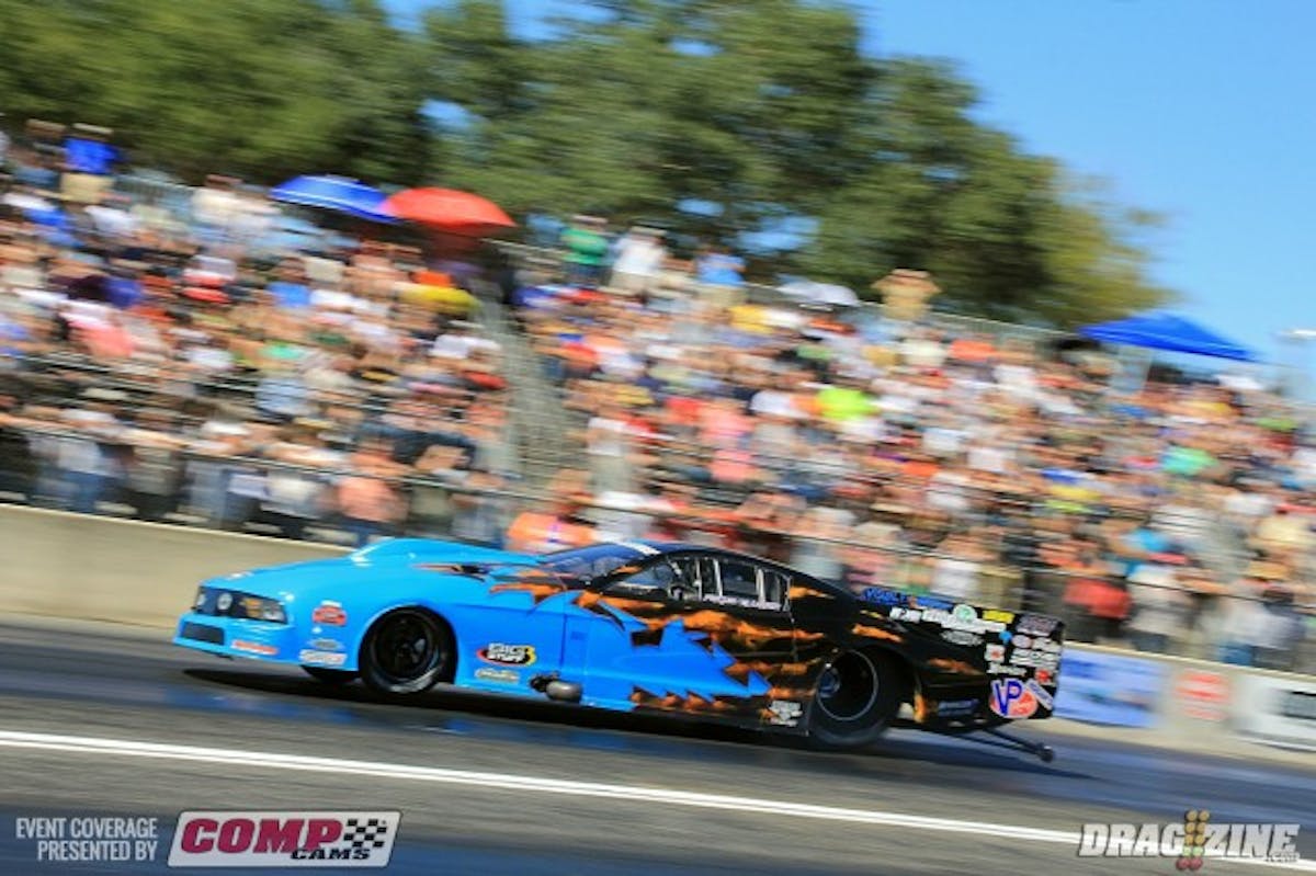 Kevin Fiscus was on a nice run till past the 330 where the car rode the ring gear getting up on the wheelie bars and moving toward the center line. he straightened the car out without incident. 