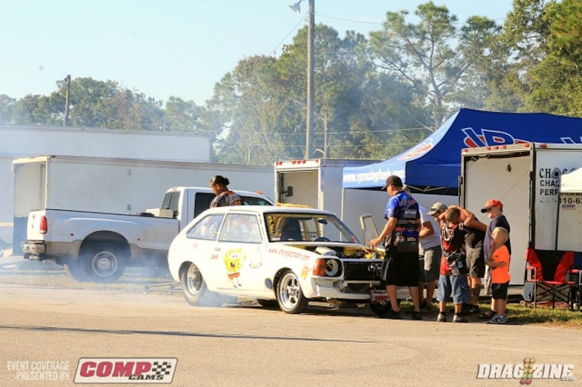 Domestic and import cars are running 8.50 Index this weekend. here Gonzalo Rivera warms up his 1976 Mazda GLC turbo.