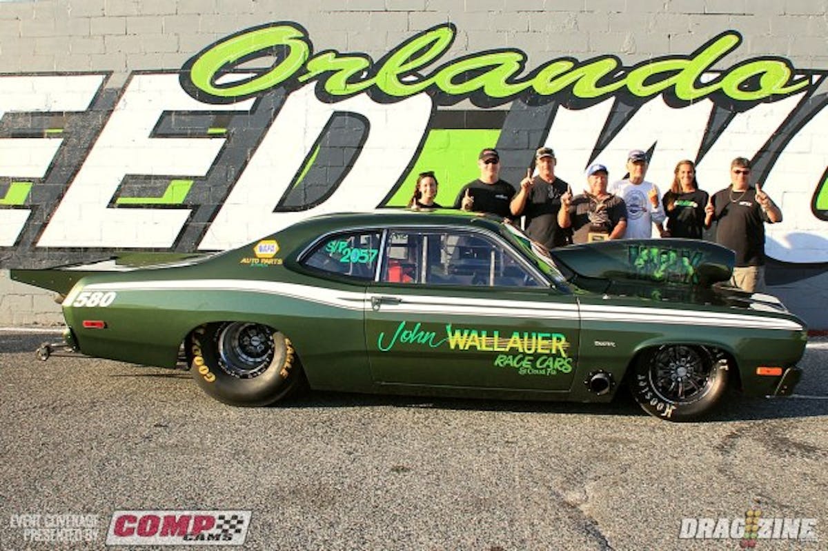 John Wallauer has been racing his 73 Duster practically since it was new after trading his wife's car in on it at the dealership. John built the car and several other here himself with his Duster sporting much of the original paint. 8.50 Index opponent Kenny Puffenburger hails from Bradenton, Florida with his 76 Camaro and put up a fine .002 light getting out by .005 on the Duster. At the stripe it would be Waulluer with an 8.565 earning the win over Puffenburger by the same .005 in a very close side by side final.