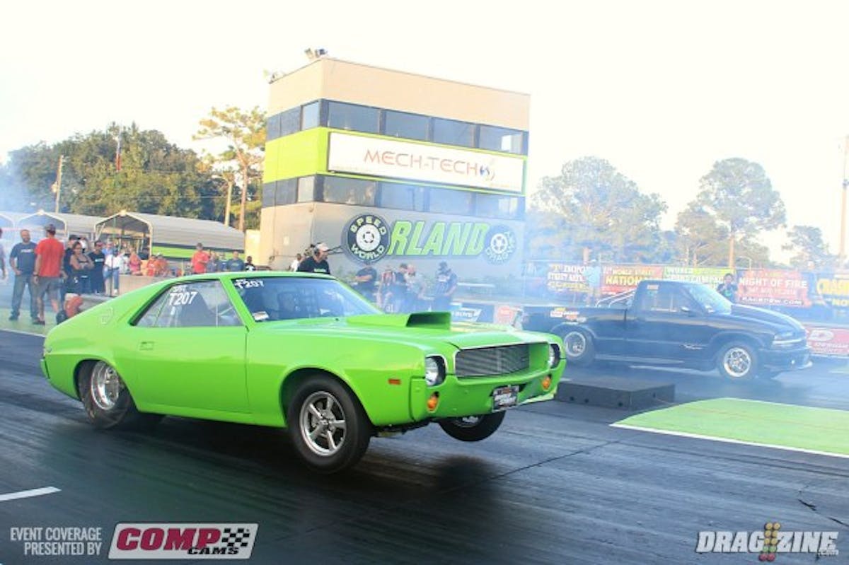 Mike Therber put his gorgeous 69 AMX int he final with Lee Neal's Xtreme S-10. Therner took a holeshot .025 to Neal's .106. That a big gap to make up in a tight class like 10.0 Index sporting 52 cars in class this weekend. Neal's 10.007 was a good effort but not enough to get under Therber's 10.029 run.  Fellow 10.0 racer Allan Kremkau builds the Hearbeat engines machined AMC powerplant. Mike dedicates this win to his brother Paul who passed on 12 years ago.