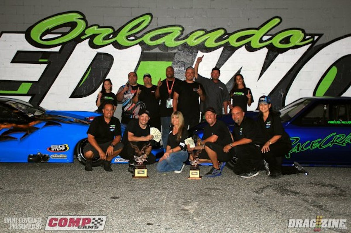 The Pro Mod final was of epic proportions as  ET and MPH track record holder Kevin Fiscus paired up with George Williams in a rematch of the 2013 final. Fiscus pulled off a 5.89 though his 252 MPH blast remains in place.  His .038  was a nice head start and they went down side by side. The scoreboards lit up to the tune of 5.960 at 27 for Fiscus and just .034 later Williams' 5.994 at 236 popped up making this the first five second Pro Mod side by side race at Orlando. Fiscus/Klugger Racing has back to back wins in Pro Mod and doubled up in Outlaw Drag Racinl carding Klugger's first in their new Racecraft Inc. built Mustang with both cars featuring Pro Line Racing power.