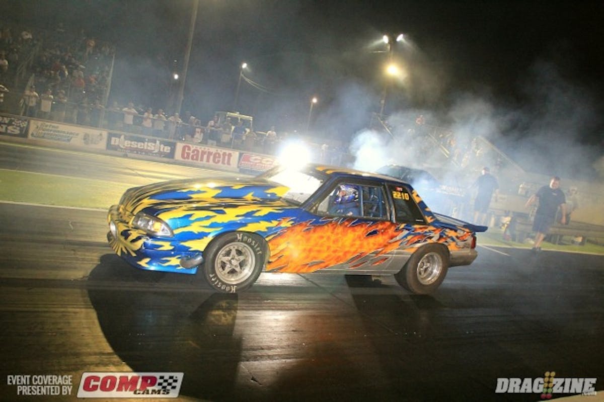 Mike Freeman drove up from Lehigh, FL with his 88 Mustang tuned by Jason Gatlin from Automatic Transmission Factory. They had to replace a bent rim on the car from a towing mishap after hydroplaning coming back from the ATF shop after the Yellow Bullet Nationals last month. He clicked it a little early landing fourth in the field.