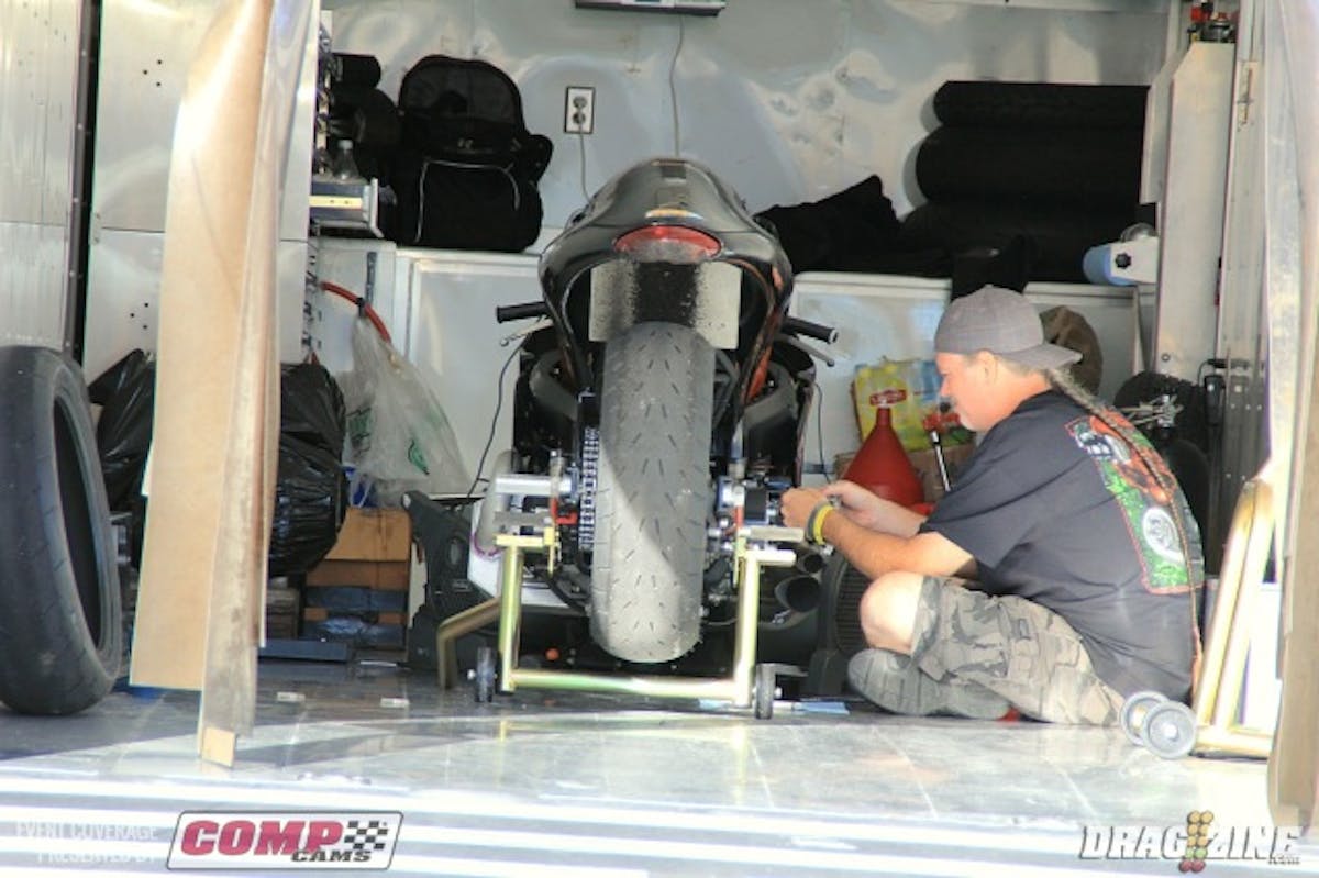 Walter Sprout is the top qualifier in Pro Street Bike so far with a 7.03 at 209. He runs a 2006 Hayabusa with sponsor help from World Wide Bearings, NLR Systems, Woosner Pistons, JRI Shocks R&B transmission and Rock Solid Clutches. His best ET to date is a 6.97 at 217. 