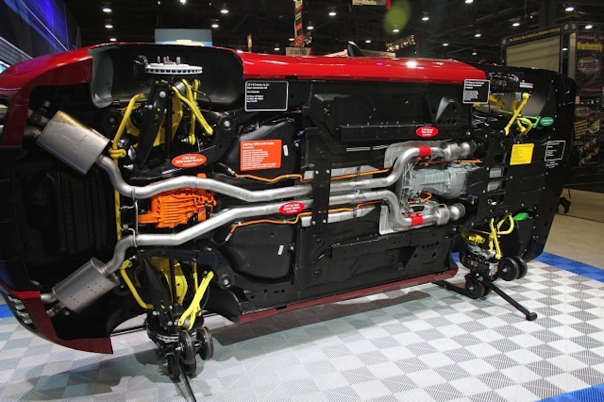 Chevy Performance has also been working hard to make Camaro parts available for those who want to 'upfit' their V6 or SS with parts from the 1LE, ZL1 or Z/28. This "flip car" was being use to show different suspension and driveline components available through the Chevy Performance catalog.