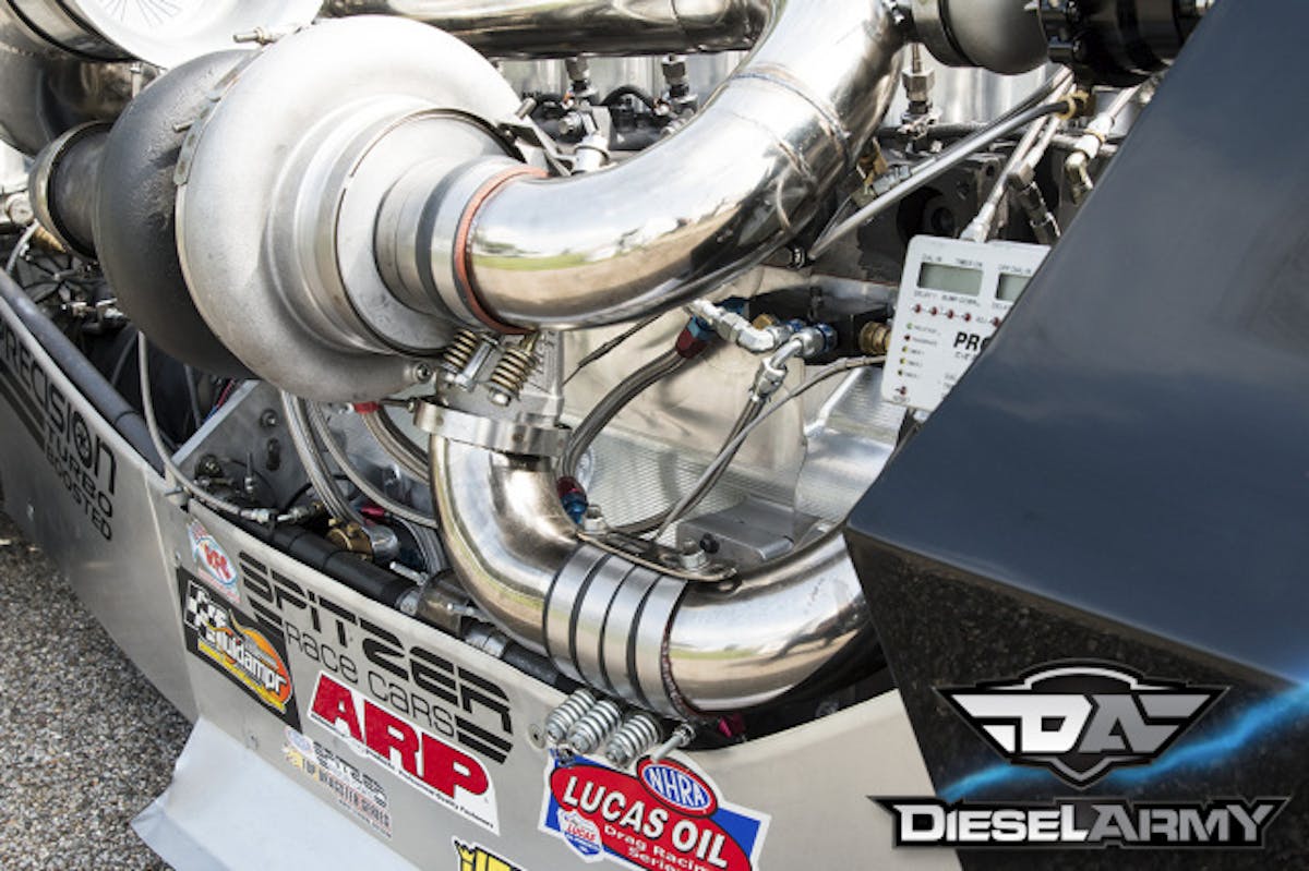 Notice the billet engine block. Scheid Performance has pioneered billet aluminum 5.9L Cummins blocks.