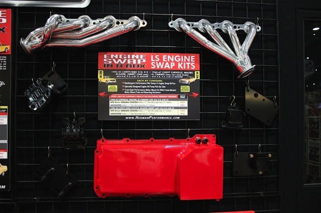 The LS Engine Swap In A Box shows components for the S-10 (left) and A-body (right) applications