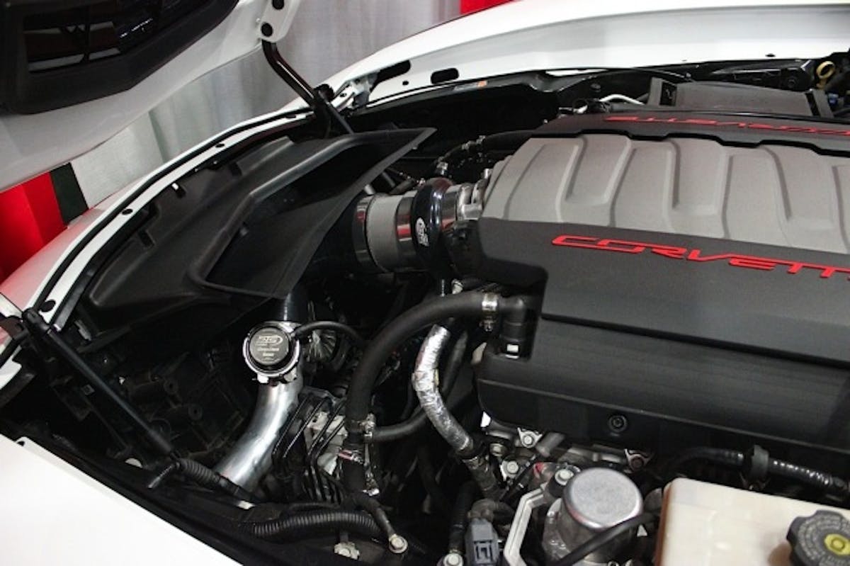 A shot of the display Corvette's engine bay shows a few hints of the turbocharger system.