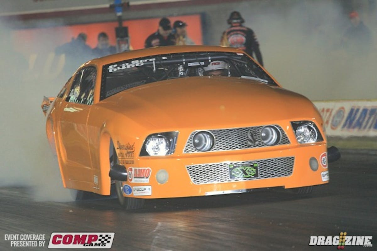 Dal Sangha runs his small block Ford powered 2010 Mustang in the Precision Turbo Pro Mod class for NHRA legal cars. His best so far is a 6.27 at 229 good for eighteenth in the field.