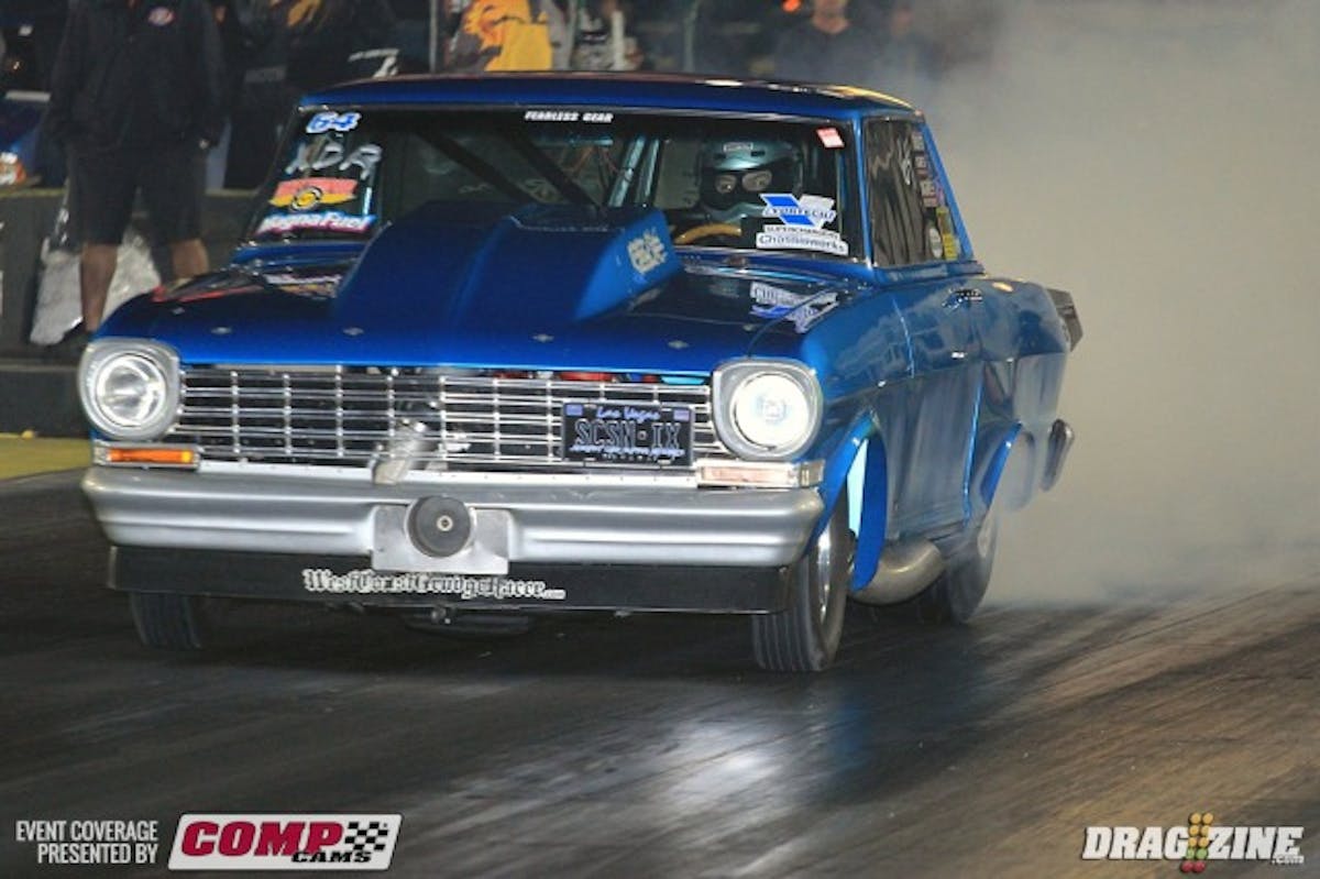 This 64 box Nova belongs to Chris Alston Jr. out of Elk Grove, California. He runs a 526 big blocl Chevy and is currently qualified fourth in XDR/TT5 with a  4.56 at 174 MPH. 