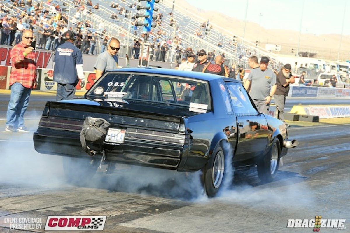 Jack Avetisyan sits on the bump with a 5.739 at 109 in OL 8.5 driving his 85 Buick GN. 