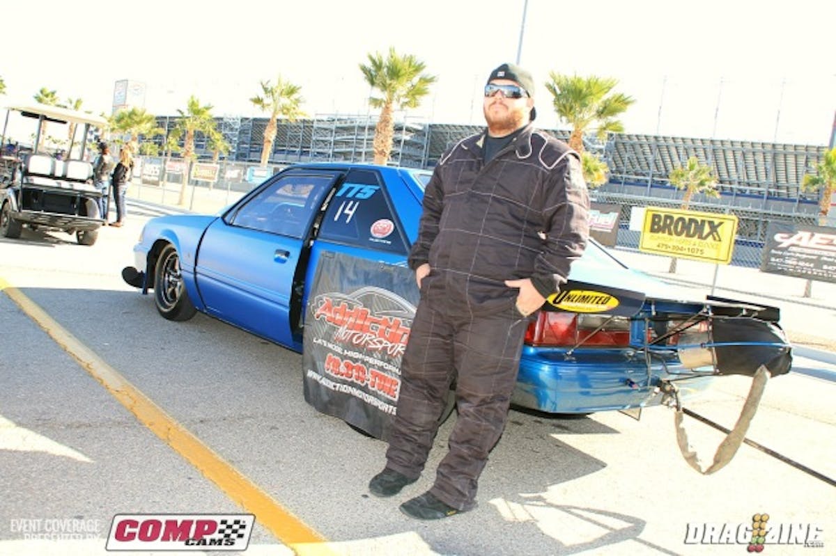 Kelly Henry is also running XDR/TT5 this weekend with his 1991 Mustang out of Lancaster, California. The Addiction Motorsports sponsored car is qualified fourth running an ARE built 540 Chevy force fed by an F3R 136 Procharger. He runs Team Z Suspension with Mencser Motorsports shocks out back and a Powerglide from Pro Trans in Lancaster.