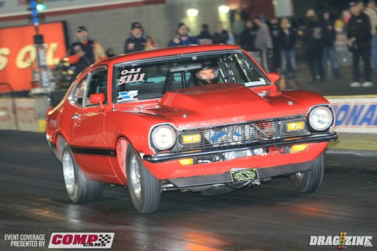 Eric Aldrich brought his  unassuming 1972 Maverick t compete in Vortech Outlaw 8.5 taking number one qualifier and busting off a 4.990 at 144.19 in the final session. He runs a supercharged 357 cubic inch Ford small block and is based out of Oceanside, California.