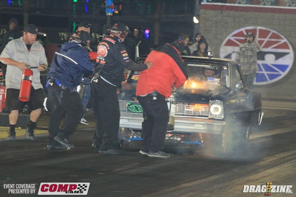 Max Burger had a big nitrous backfire on his final run in XDR requiring the track safety crew to employ the fire extinguishers  to get things under control. He is qualified fourteenth with his 66 Chevy II with a 5.42.