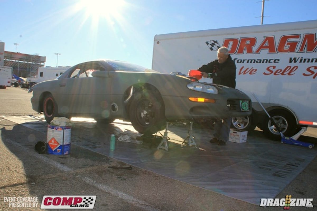 David Rogers is running Procharger Pro Radial this weekend and his first time on the radial tire after switching from the MT 33x10.5. He runs a PTP tuned big Chevy 540 on methanol fed by a pair of Precision 88's built by Ken's Custom Auto with a trans built by Tom Patterson. He entered open comp yesterday to get an extra pass and got into a wheel stand bending up some things under the car. It's repaired for eliminations where he qualified thirteenth and will fave Brandon McBride's 1974 Nissan Skyline in round one. Dave owns Dragmart out of Winnipeg, Canada.