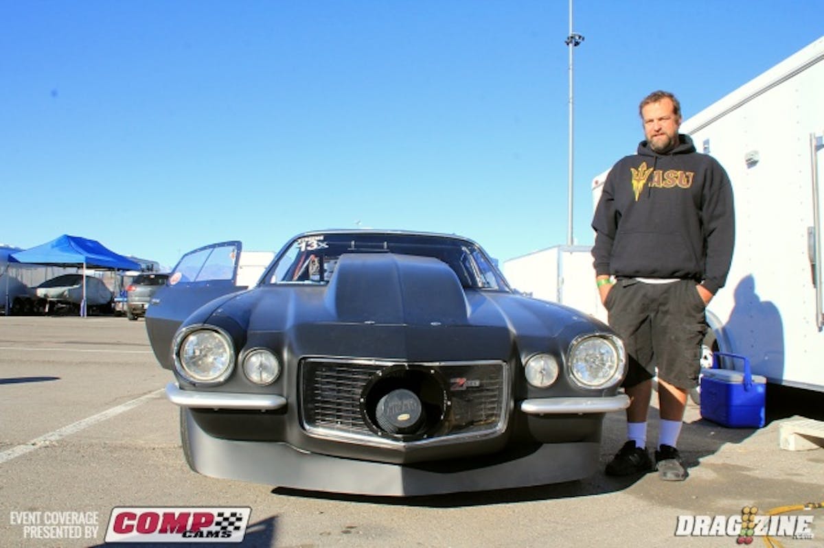 The hard luck award this weekend goes to Rick Webb out of Phoenix, AZ. He ate a timing belt on his first run this weekend bending some valves abruptly ending their weekend. The engine is a big Chevy with a blow through set up based on Will Stevenson's Florida based Outlaw Drag Radial Camaro. He runs a 540 with an F3 Procharger built by Wildside machine with chassis built in house and a Hughes trans and converter.