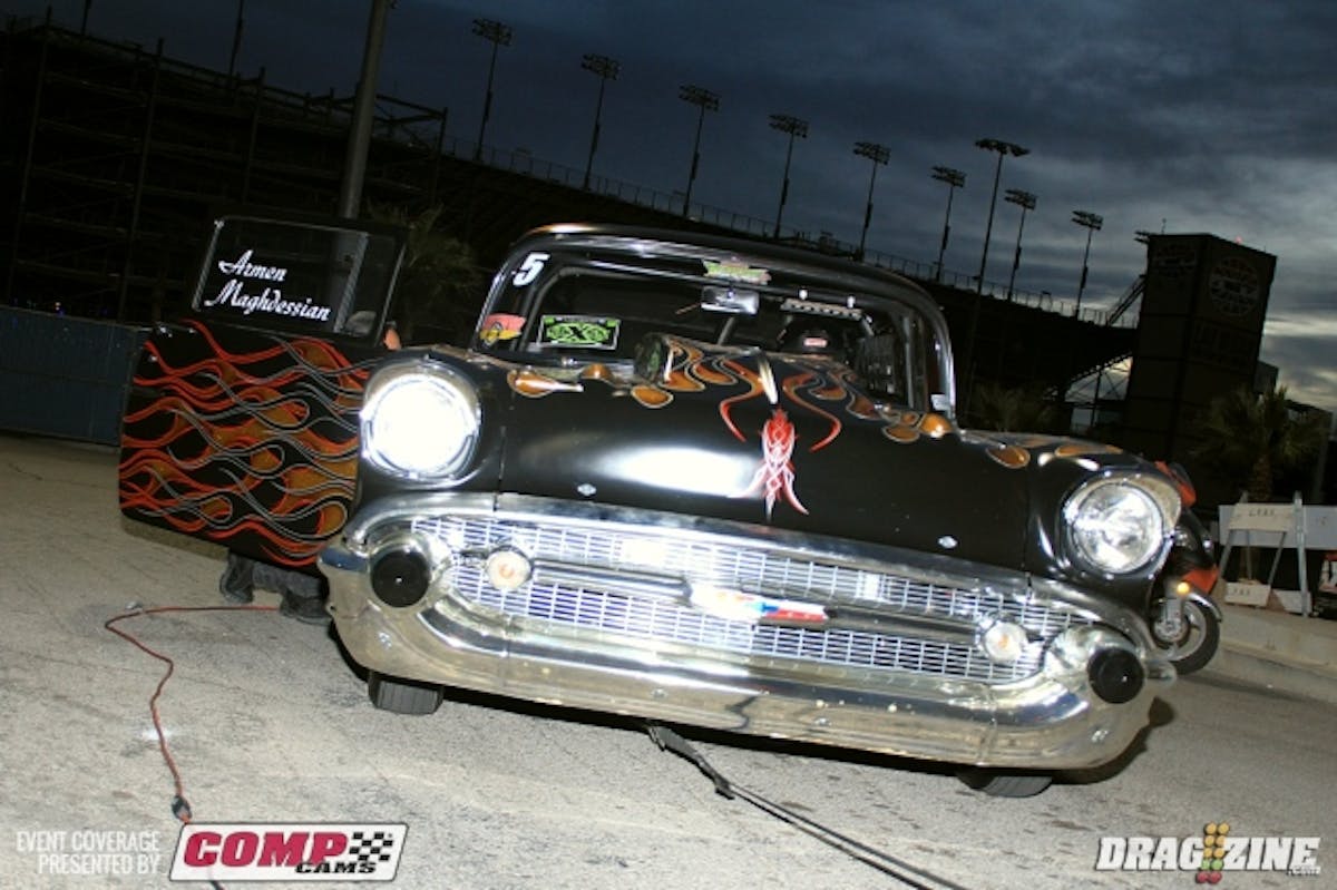 A crowd favourite is Armen maghdessian's flamed 57 Chevy. He got into a big wheelstand on his run landing hard for fifteenth spot in class.