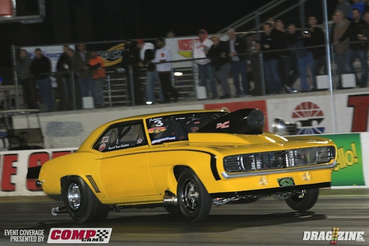 Wearing number 3 David Singletary landed second spot with a 4.46 at 160 in his 1969 Fulton powered Camaro.