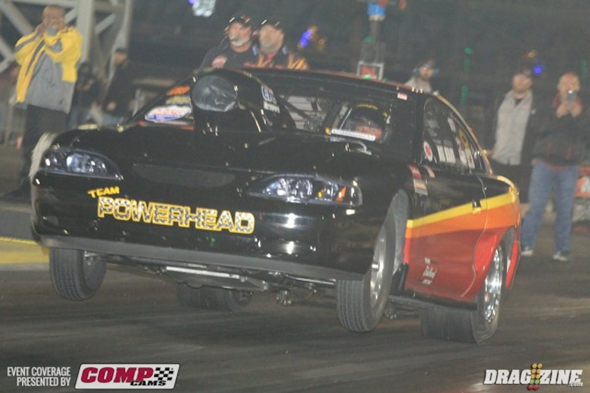 In AOS Hot Street Mike DeMayo pushed his Powerhead sponsored Mustang in to the seven second zone scoring a 7.98 at 169 MPH in a win over Anthony Valentino.