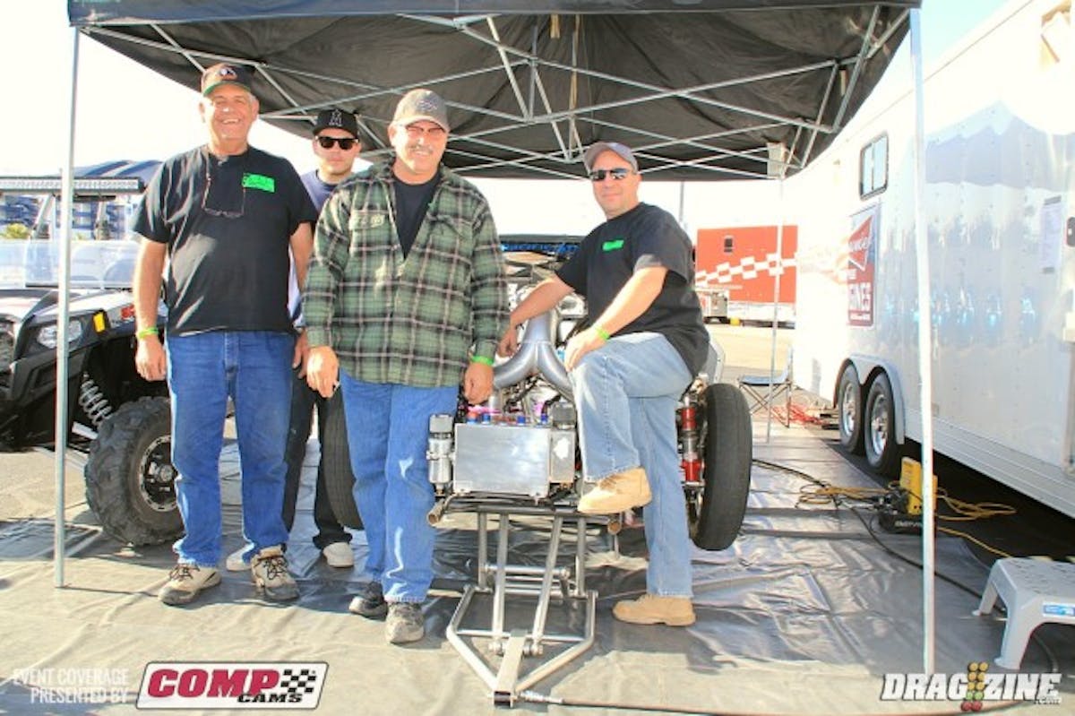 Troy "Pimp Daddy" Cafaro runs this 1963 Corvette in Magnafuel  OL 10.5 with a small block Chevy 400 topped with BD 2000 heads and force fed by twin 88's with a Kam engine management system. He has been running this set up about two years making an east 6.80 pass yesterday on lower boost.