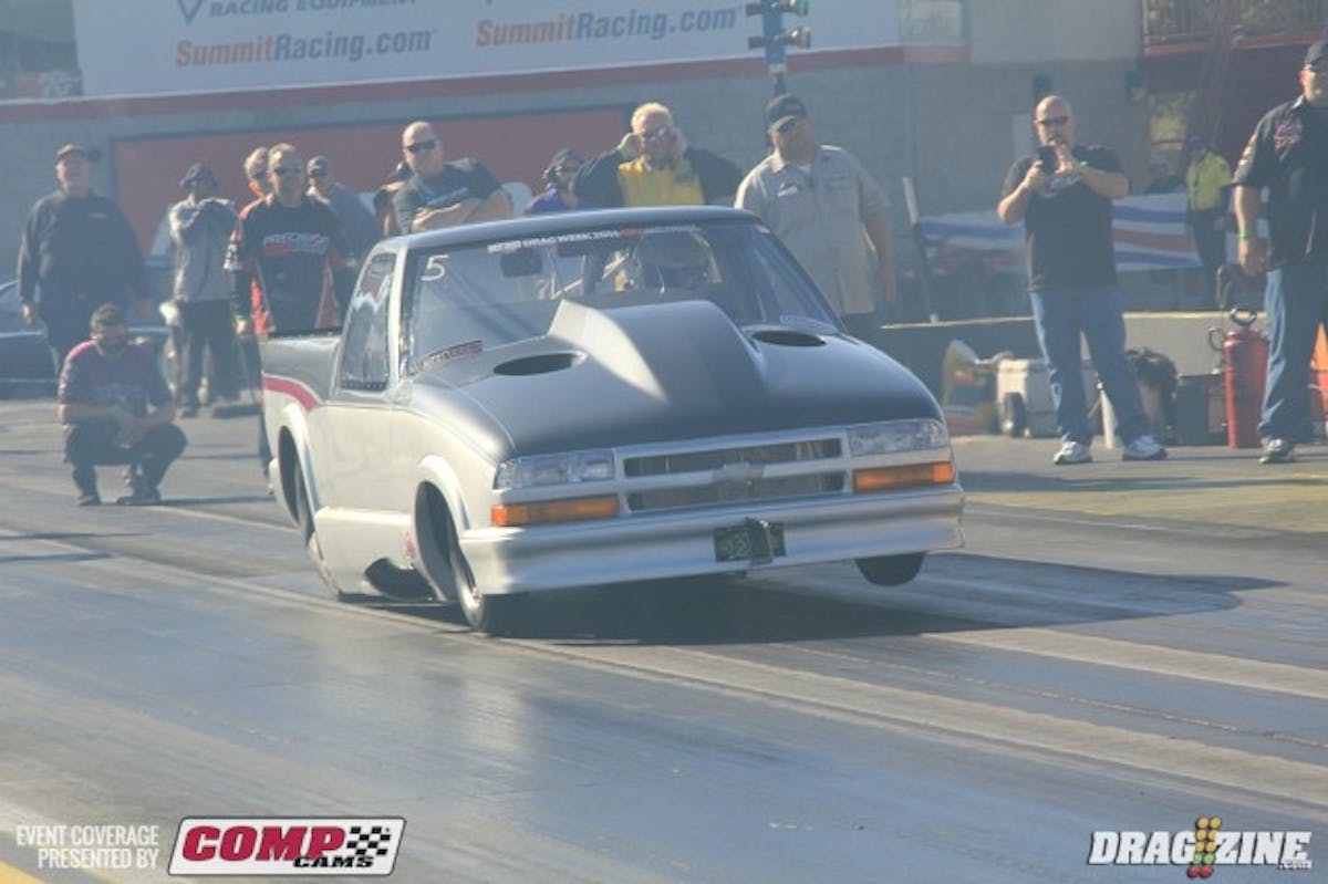 Larry Larson and Jeff Lutz were the first air out in Outlaw Pro Mod this morning though Jeff was pushed back before making a run. Larson went A to B with a clean 6.05 at 241 with his Larson Race Cars S-10 Chevy. The team is here looking for a five second run this weekend and they are getting the tune up dialed in.