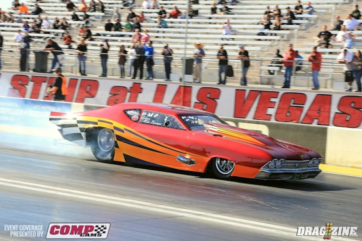 Mike Bowman  put his 1969 Chevelle on the pole of Precision Turbo Pro Mod with a 5.83 at 253 for the Oak Hills, California based racer. He sports a 2 on his windshield signifying his 2013 points standing.