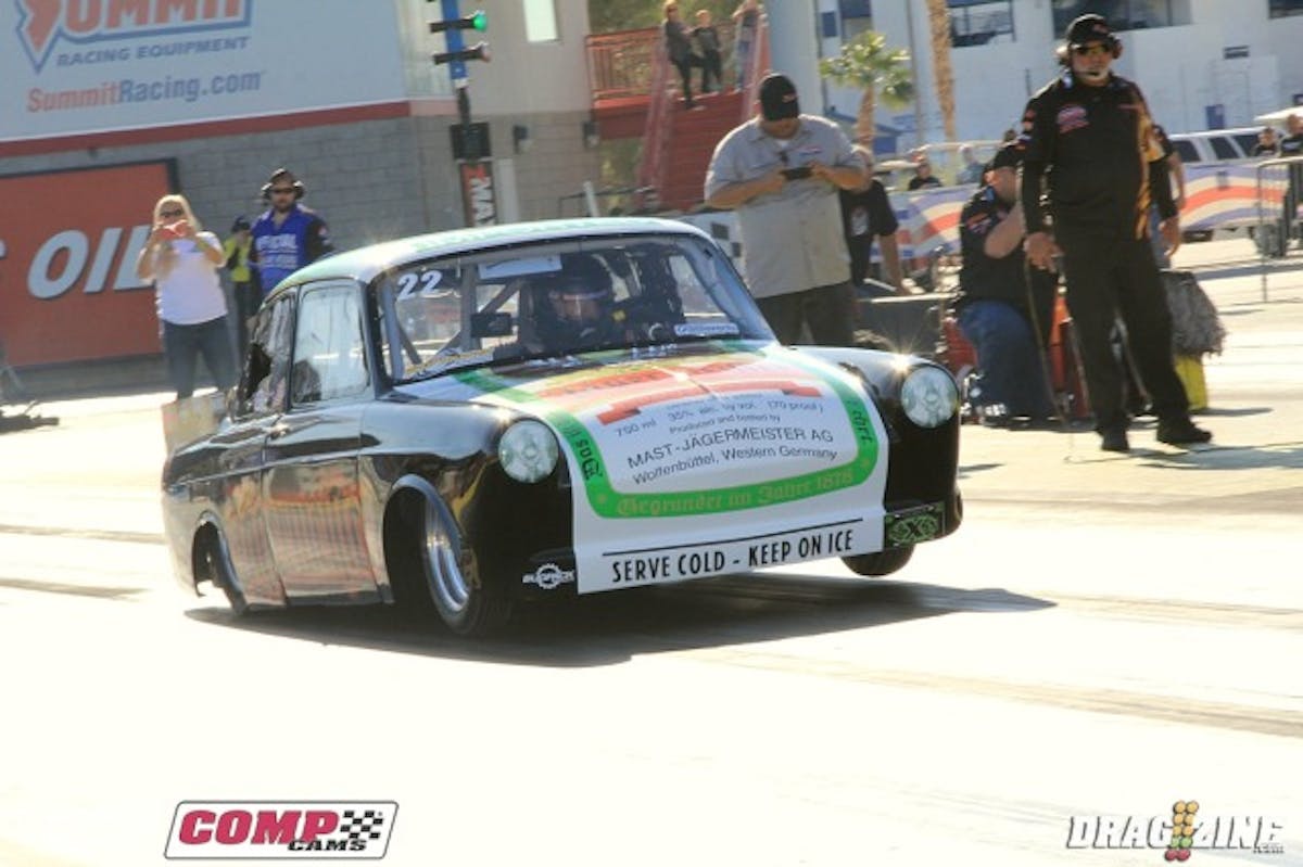 John Schweers is competing in Pro Drag Radial with his 62 notch back VW. He sits fourteenth with a 9.14 at 146. The Yeagerlabel paint job is reminiscent of Shannon Wren's Outlaw Drag Radial Mustang which was the first car to run 200 MPH on the tire several years back in Memphis.