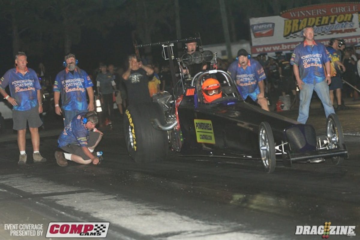  Mark McElwee put the Powershield Coatings dragster in third behind Melissa Hutson. 
