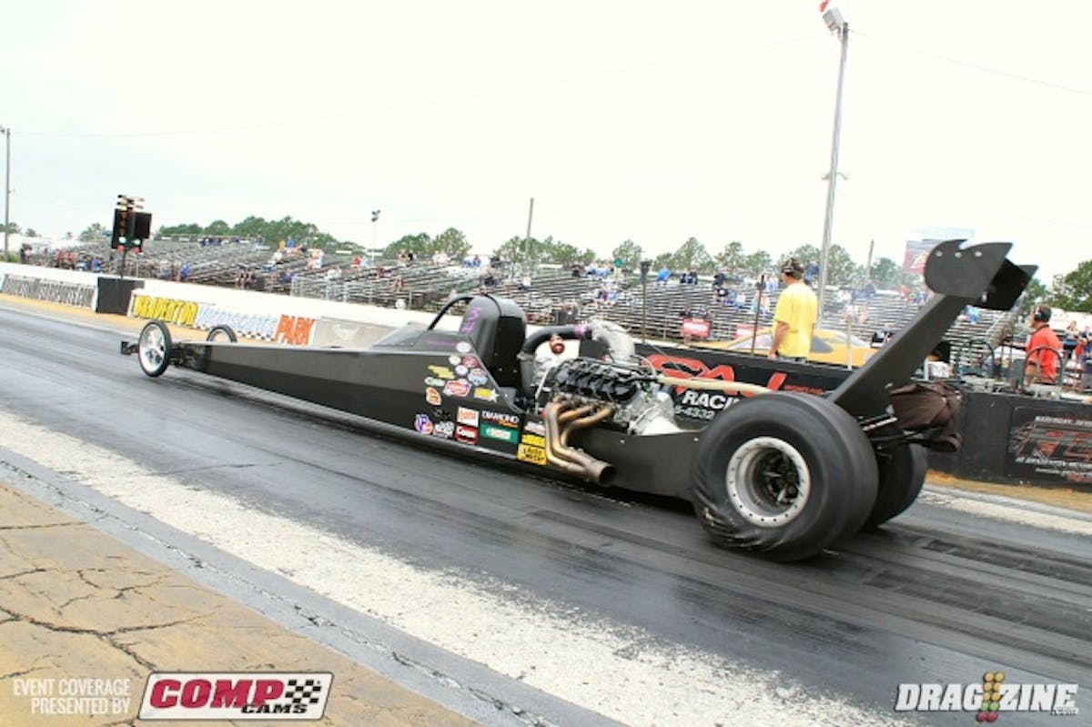 Andy Johnson runs a unique engine combo in Open Outlaw with a Procharged big Chevy powering the 2013 Spitzer chassis. His 3.81 at 192 was better than his qualifying run, he took the win with John Alberigi scraping the wall near the 330.