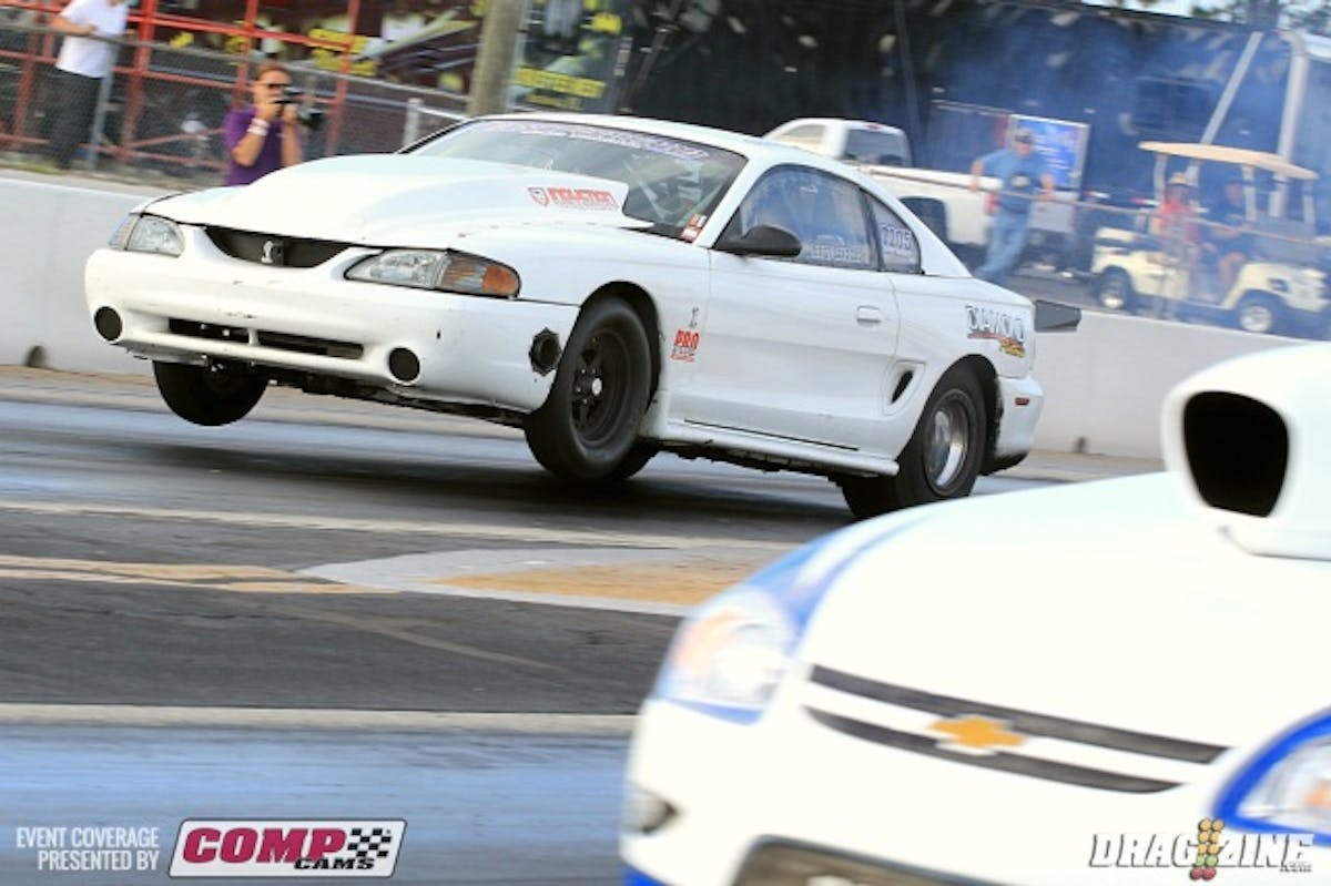Troy Pirez Jr. has been working hard on his set up in The General Lee Ultimate Street Mustang running in the top of the class. On this run the front came up quite a bit and he was able to pedal to a 5.11.