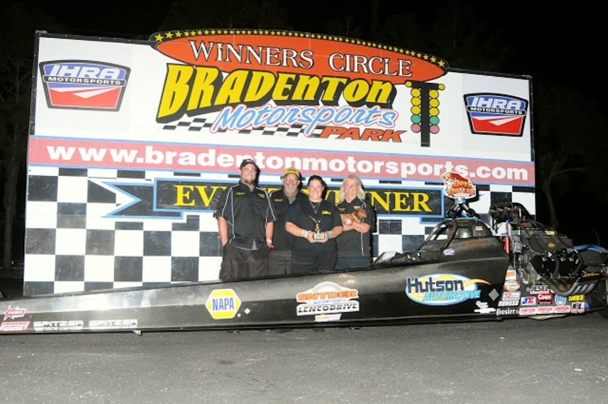 2014 Open Outlaw Champion Melissa Hutson took the runner up spot this weekend in Open Outlaw. They were testing a new tuneup this weekend coming away with a new personal best 3.741. Sponsors are NAPA, Hutson Automotive and Snyder Motorsports with special thanks going out to Mom and Dad. Photo courtesy Bryan Epps.