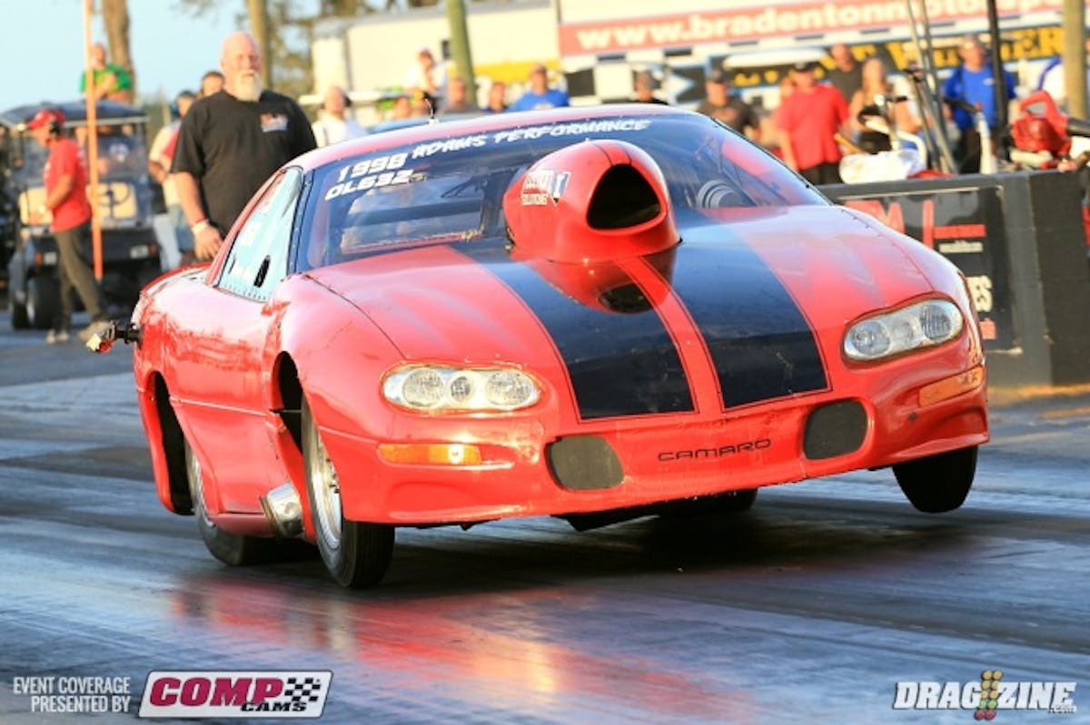 Stephen Adams made the haul from Tennessee for some OL 632 action. His first run of the day netted a 4.97 at 141 for the pro 275 radial equipped Camaro. He uses Induction Solutions nitrous system and has been 4.50's with the car previously.