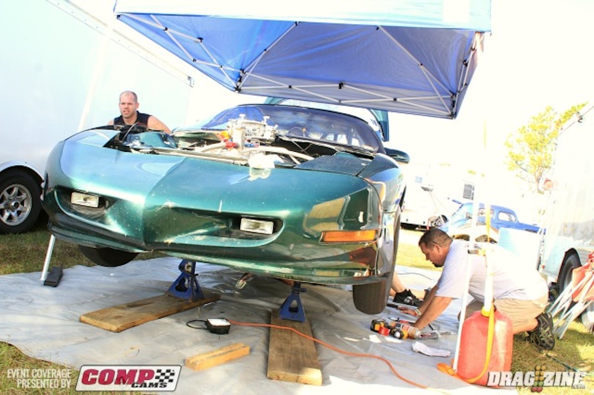 Tim Hendricks is down from Illinois west of Chicago running Ultra Street. Hendricks is a former NMCA racer now running mostly local at Byron and has won a couple of the Ultra Street events there this year. He runs a 434 small Chevy from BES, this is a new engine out for the first weekend. They tested last night running some 330 hits and besting his previous runs. He was swapping a new PTC converter in this morning.