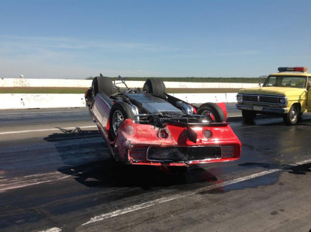 Agatonovic's Camaro after a horrific two-car incident at the Sacramento Raceway in the spring of 2013. Despite turning over and striking the wall, the damage was largely cosmetic.