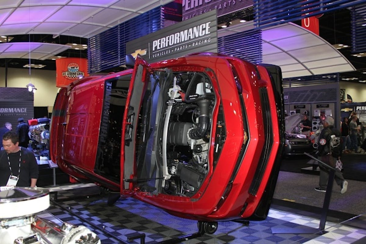 Of course, the highest concentration of late-model Chevy performance was in the Chevy Performance booth, with an SS equipped with upfit ZL1 and Z/28 parts propped up on its side, and a 2015 COPO Camaro.