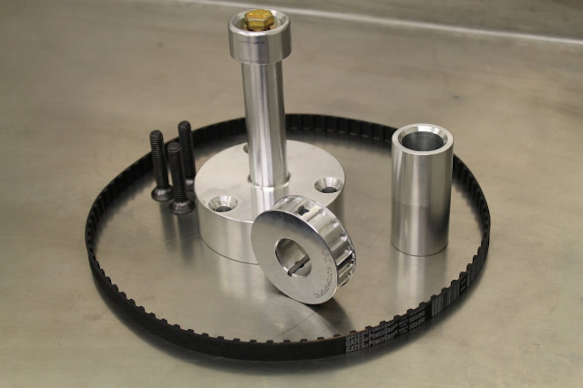 Multiple piece crank mandrel assemblies rely on a very long bolt to hold everything together, and take the load of all the accessories being driven. GZMS machines their mandrel from a solid piece of 4” diameter 6061 aluminum for the ultimate in strength. Necking down to an industry standard 1” diameter shaft to accommodate varying types of pulleys with an 1/8” keyway.