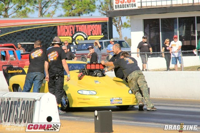 Ken Cruz broke the rear on the hit against Johnny Pilcher in Outlaw Pro Mod. Pilcher went on to a 4.05 at 179.
