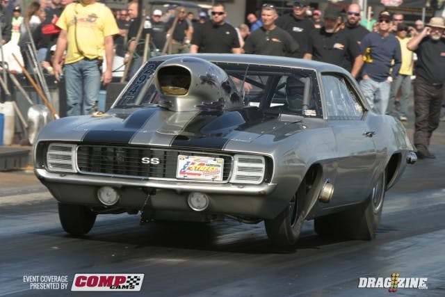 In Outlaw 632, Tory Pirez was trying to make it a double win for the Pirez family against Troy Blake’s ’69 Camaro. Pirez was out first with a .456 light, but shortly after the launch Pirez ran into mechanical maladies, handing the win to Blake, who ran a 4.50 at 159 mph. Blake’s Camaro was on a string of 4.50s all day on Sunday, and it was enough for the win.