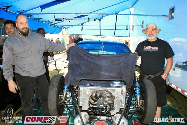 Chris Patrick is a familiar face here for the past few big events. He made the switch to fuel injection for this year and runs the Fuel Tech engine management system. Chris Patrick and Brian Shaw (left).