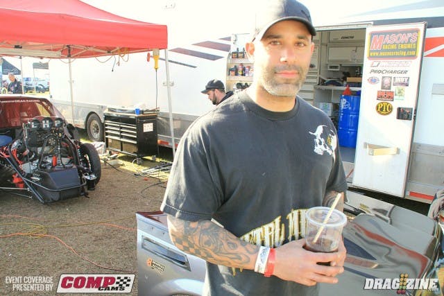 Dave DeMarco has made some big changes to his Buick, switching combos and tires. Yes the former Outlaw 10.5 racer moved to the dark side and will run various Drag Radial events this year. The car went on a diet over the winter along with other updates including new doors, decklid, wing and a front clip for Thomas Queen at Feather Carbon. The engine is a 526 hemi from Mason Racing Engines topped with DMPE 14/71 blower. They are chipping away at the tune going a best of 4.12 so far with Lonnie Houde tuning.