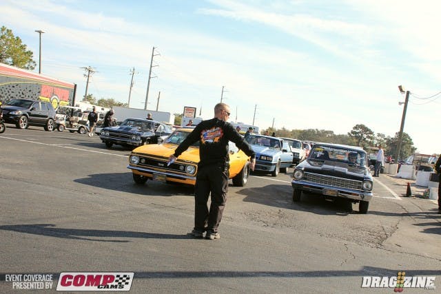 Petey pulls the 7.50 Index class racers around the corner this morning. That's John Wilson in the Camaro, he is a multi time class winner here at Bradenton.
