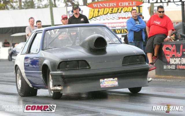 It was a big block Chevy-powered Fox Mustang with Kevin Neil making it past Scott Husted in round 1 of eliminations. Husted had to abort the run, handing Neil the win. 