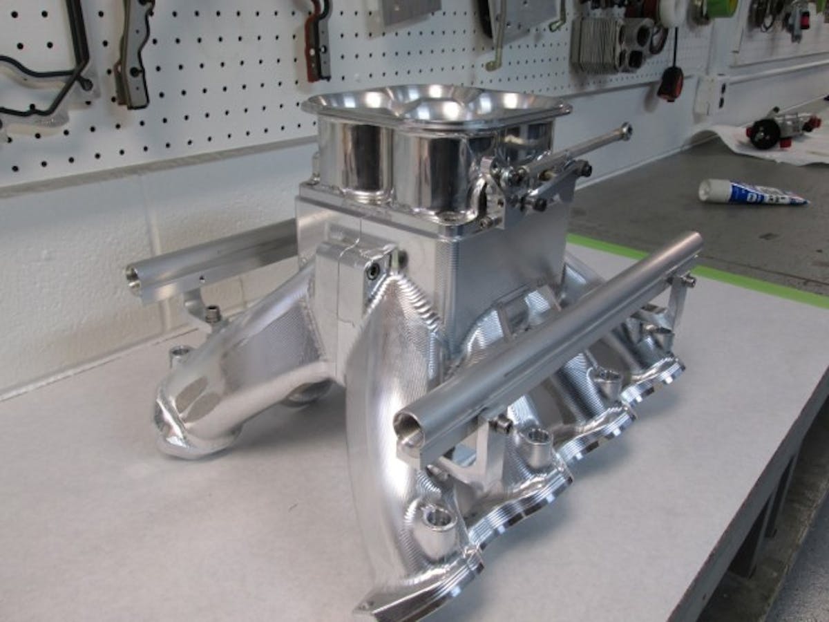 The cast intake manifold has been modified to support the massive level of airflow this engine needs.