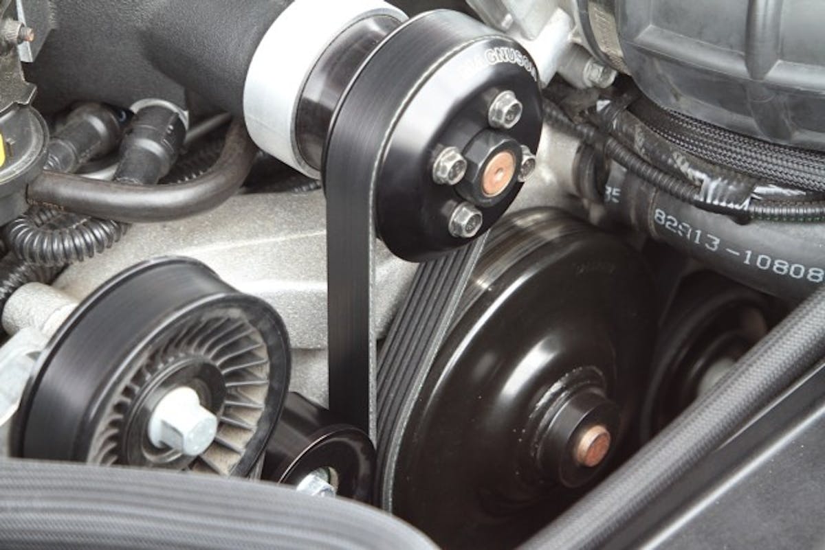 Rather than using a jackshaft to carry power to the back of the blower case like previous Magnuson superchargers, the Heartbeat uses a front-drive system. Note how much belt wrap there is on this Camaro supercharger.